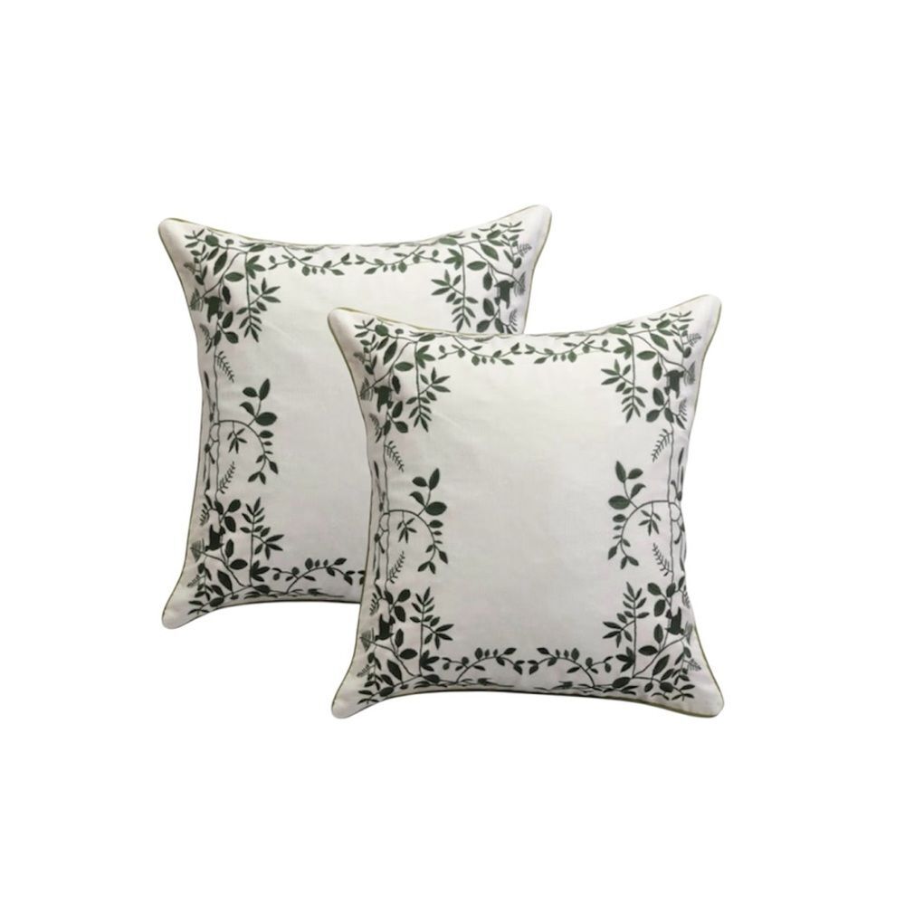 Set of 2 Green Botanical Embroidered Throw  Pillow Covers 16x16 Inch